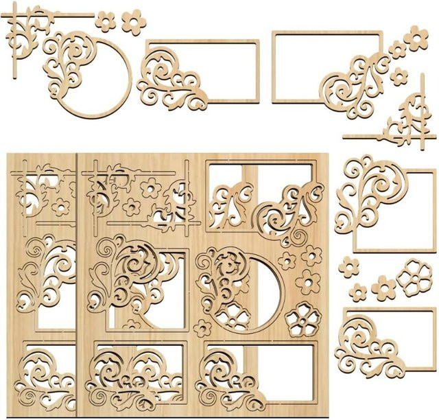 2 Stück Holz-Blumen-Verzierungen mit Wirbel-Rahmen, lasergeschnittene Spanplatten für Kartenherstellung und Scrapbooking, Farbe: Mehrfarbig, B/H: 14,5 x 15,2 cm, Dicke: 0,2 cm - Bild 1