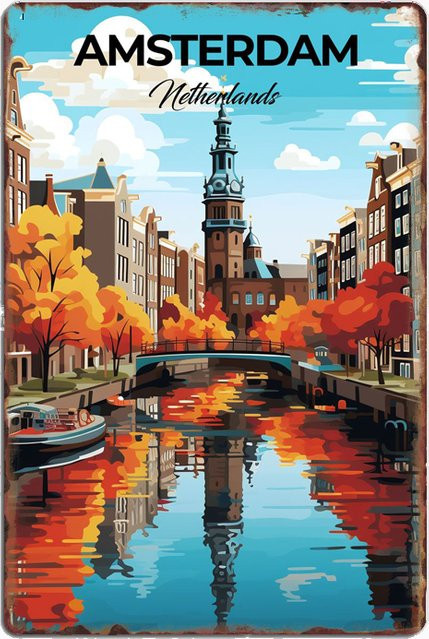 MINISO Retro-Metallblechschild Amsterdam Wanddekoration Mehrfarbig B: 30,0 cm, H: 20,0 cm - Bild 1