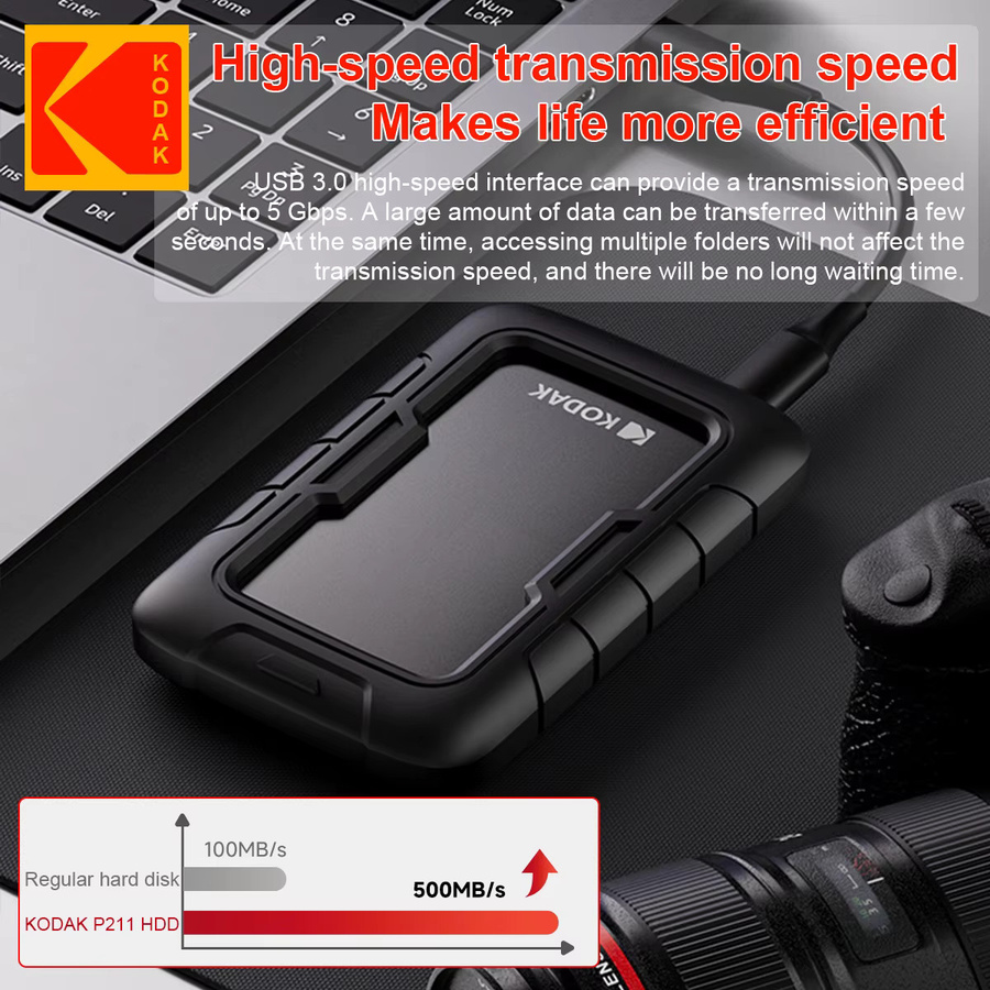 Kodak P110 Tragbare Externe Festplatte HDD mit Silikon-Schutzhülle, 500 GB, Schwarz, USB 3.0 und USB-C - Bild 3