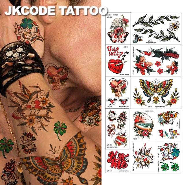 JKCODE TATTOO Temporäre Tattoo-Aufkleber, 12-teiliges Set, Retro-Stil - Bild 1
