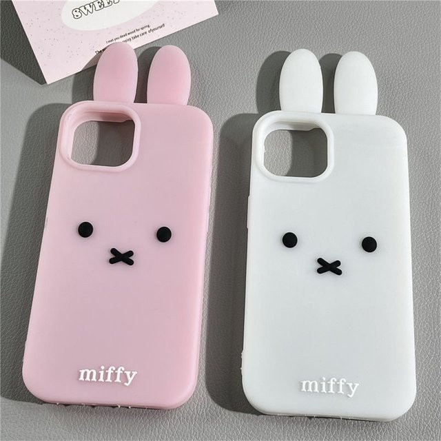 Miffy Silikon-Handyhülle für Apple iPhone 12 13 14 15 16 17 Pro Max in Rosa-Weiß mit Cartoon-Design und langen Ohren - Bild 1