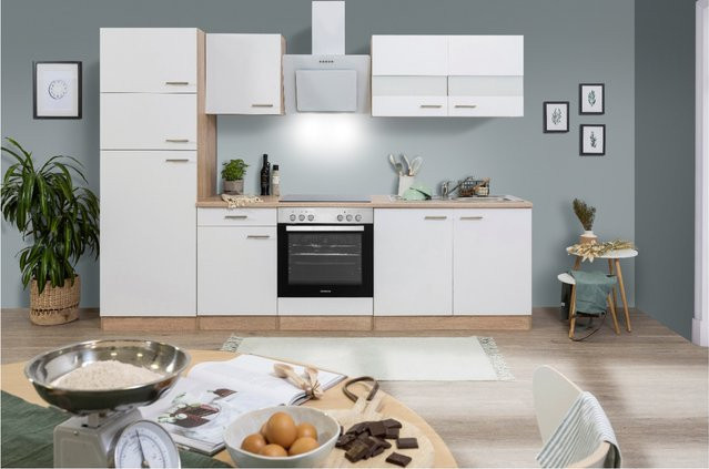 Respekta Küchenzeile KB270ESWCGKE mit Kühlschrank in Weiß-Eiche Sägerau Nachbildung glänzend, B/T/H: 270 x 60 x 200 cm - Bild 1