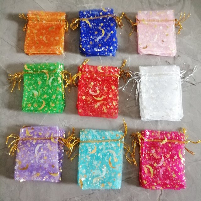 1000 Stück Organza Geschenkbeutel mit Sternen und Mond Motiv, kleine Schmuckbeutel mit Kordelzug, Farbe: Weiß, B/H: 9 x 12 cm - Bild 1