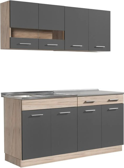 Homestyle4u Küchenzeile modern in Eiche Grau mit Glastüren und Regalböden, B/T/H: 160 x 60 x 84 cm - Bild 1