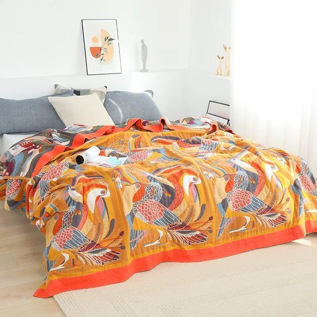 Nordische Überwurfdecke aus Baumwollgaze im Boho-Stil mit floralem Muster, weiche Sommerklimadecke für dein Bett, Mehrfarbig, B/B: 150 x 200 cm - Bild 1