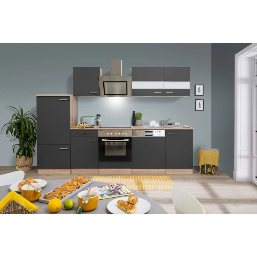 Respekta Economy Küchenzeile KB280ESGSC mit Kühlschrank und Geschirrspüler in Grau-Eiche Sägerau, Breite: 280 cm, Höhe: 200 cm, Tiefe: 60 cm - Bild 2