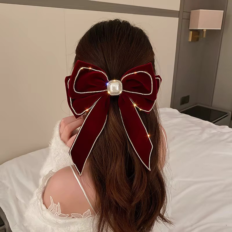 Haarspange mit Schleife, Samt, Strass, Imitationsperlen, Damen - Bild 1