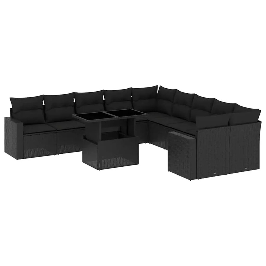 vidaXL 11-teilige Garten-Sofagarnitur in L-Form aus schwarzem Poly-Rattan mit Kissen und pulverbeschichtetem Stahlgestell - Bild 2
