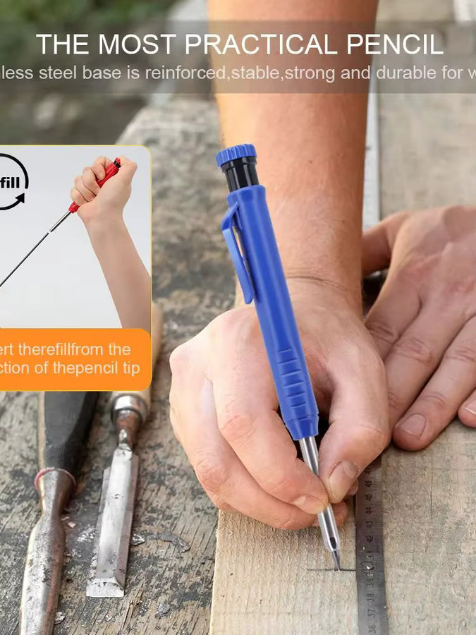 JOMPENS Tiefloch-Tischlerbleistift-Set mit 2,8 mm Minen in Gelb und Multicolour für Holzbearbeitung und Markierungen, 9-teiliges Set bestehend aus 3 Stiften, 3 Minen und 3 Kappen - Bild 4