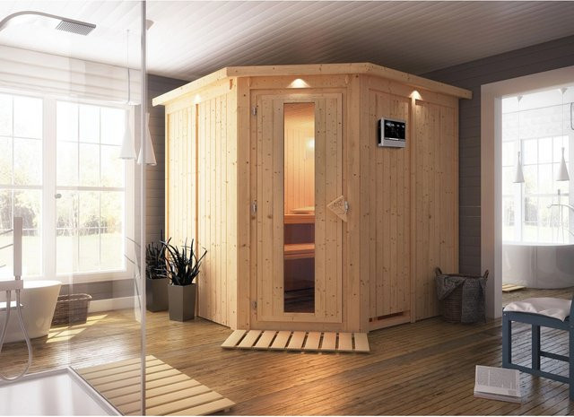Karibu Sauna Jorma aus Fichte mit 9,0 kW Ofen, externem Steuergerät und LED-Dachkranz in Natur, B/T/H: 196 x 196 x 210 cm - Bild 2