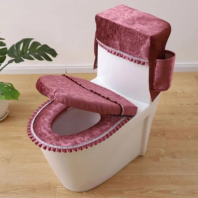 3-teiliges Jacquard Toilettensitzkissen Set aus Plüsch mit Reißverschluss in Braun - Bild 1