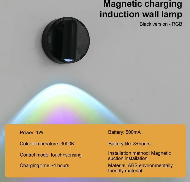 YJMP Super Lighting Kabellose LED Wandleuchte mit magnetischer Basis, USB-wiederaufladbar, dimmbar mit Touch-Schalter, Schwarz - Bild 1