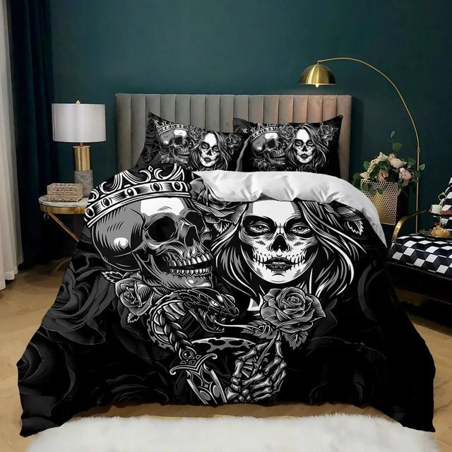 Gothic Totenkopf Bettbezug Set mit Kissenbezügen von Your Warm Home, Farbe Schwarz, Material Polyester, B/H: 135 x 200 cm - Bild 1