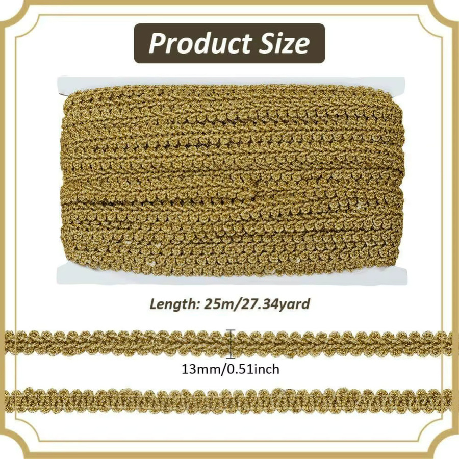Goldenes Braid Trim zum Nähen und Basteln, 25 Meter Stoff Gimp Braid Trim für Kostüme, DIY Handwerk und Dekoration, Breite: 1,27 cm - Bild 2