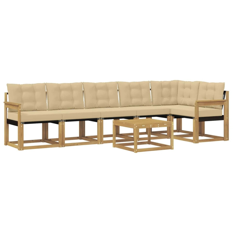 vidaXL 7-tlg. Outdoor-Sofagarnitur in L-Form mit Kissen und Couchtisch, Weiß und Beige, Akazienholz - Bild 2
