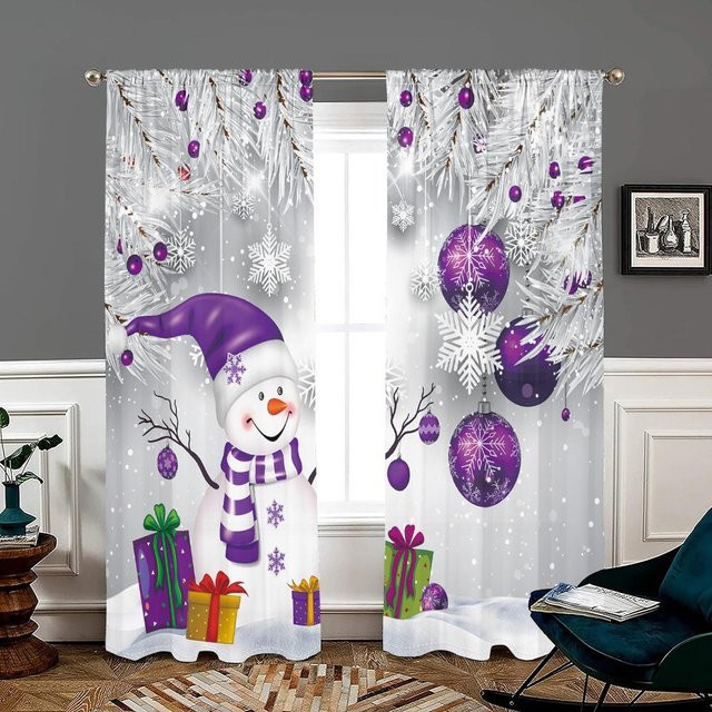 2er-Set Weihnachtliche Schneemann-Vorhänge in Lila und Grau mit 30% Verdunkelung, B: 150 cm, H: 166 cm - Bild 1