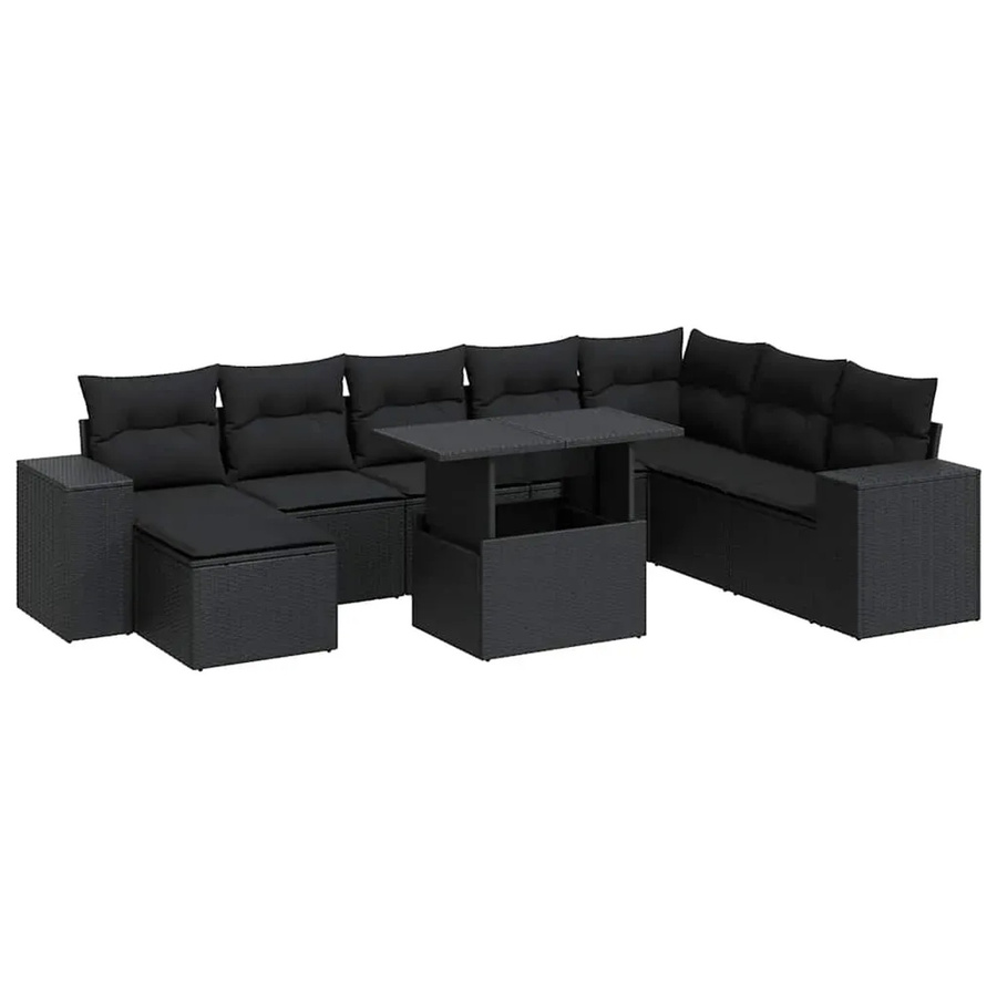 vidaXL 9-tlg. Garten-Sofagarnitur in L-Form aus schwarzem Poly-Rattan mit Kissen und pulverbeschichtetem Stahlgestell - Bild 2