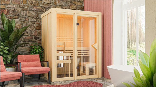 Karibu Shorty Sauna mit externer Steuerung aus Fichte und Espe in Bronze, B/T/H: 155 x 122 x 198 cm - Bild 1