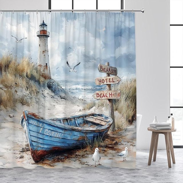 Dai Jiaochuan Duschvorhang Blue Ocean mit Leuchtturm und Meereswellen in Aquarellkunst, Blau, B: 150 cm, H: 180 cm - Bild 1