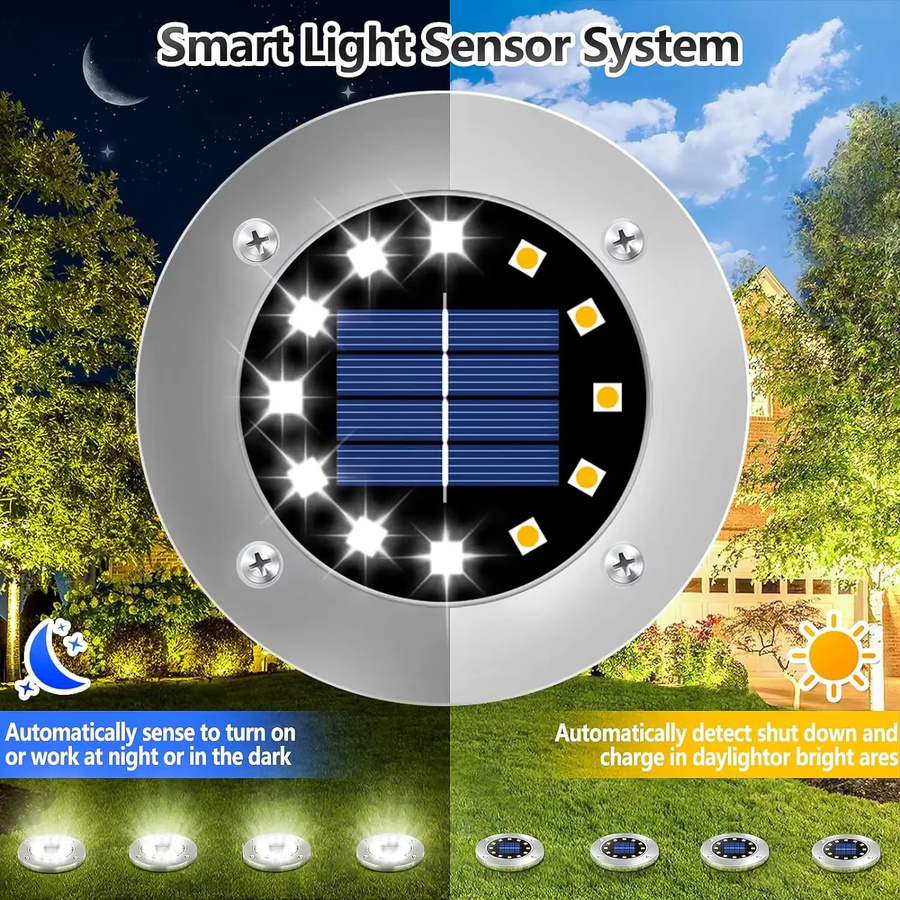 Wasserdichte Solar-Bodenleuchten mit 12 LED für Garten und Terrasse, weiße Solar-Scheibenleuchten in moderner runder Form mit warmweißem Licht - Bild 2