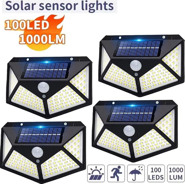 KDULIT Solar-LED-Wandleuchte mit 100 LEDs und Bewegungsmelder, wasserdichte Sicherheitsleuchte für Garten und Außenbereich, Schwarz - Bild 1