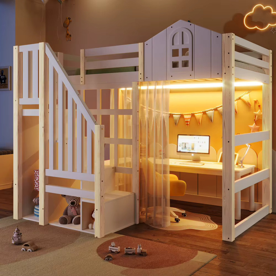 Hochbett für das Kinderzimmer in Fensterform mit LED-Beleuchtung und Gaze, Weiß und Beige, B/T/H: 90 x 200 cm - Bild 3