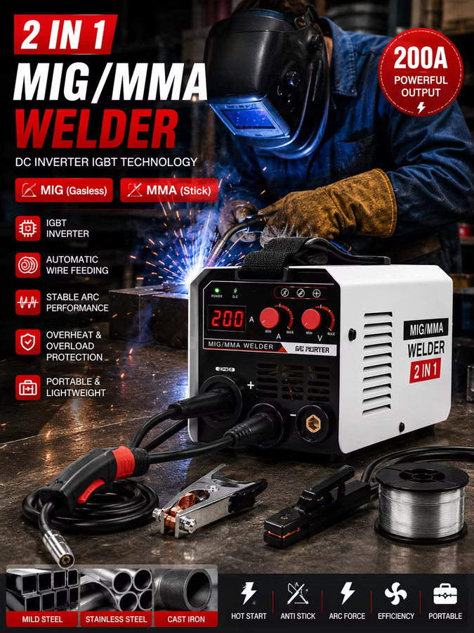 WUIETI 2-in-1 MIG und MMA Schweißgerät mit IGBT DC Inverter, gasgeschützter Lichtbogenschweißer mit automatischem Drahtvorschub in Weiß - Bild 2