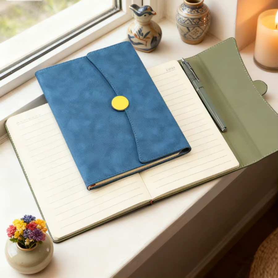 HUALIWEN Business-Notizbuch A5 mit Hardcover aus Kunstleder in Blau, dreifach faltbarer Notizblock mit linierten Seiten - Bild 3