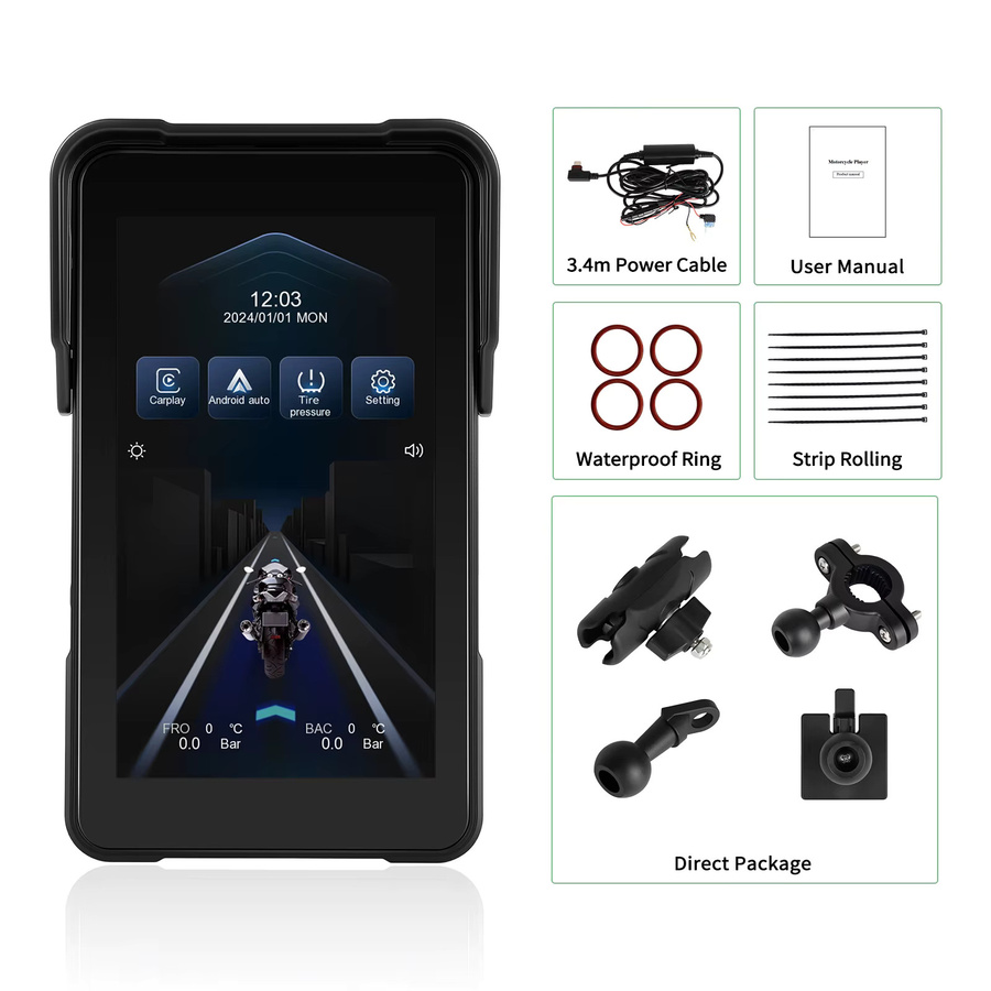 Podofo 5 Zoll Vertikaler Motorrad-Player mit Carplay und Android Auto Unterstützung, IP68 Wasserdicht mit Reifendrucküberwachung, Schwarz - Bild 5