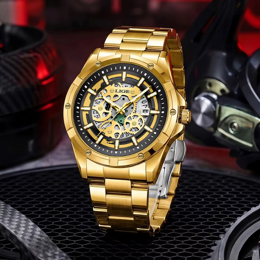 LIGE Armbanduhr Skelett, Quarz, Gold, Edelstahl, Herren - Bild 2