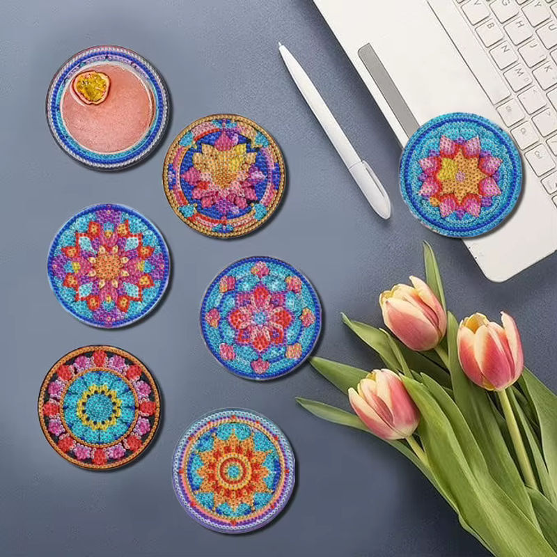 8-teiliges DIY-Diamant-Malerei-Kunstset mit Mandola-Mosaik-Untersetzern in Mehrfarbig, Bohemian-Design aus Kunststoff - Bild 3