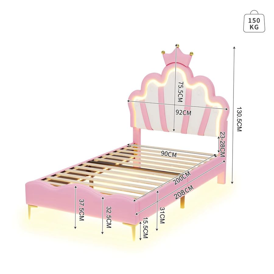Superaly Gepolstertes Einzelbett für Kinder mit Kronen-Polsterkopfteil und LED-Beleuchtung, PU, Rosa, B: 90 cm, L: 200 cm - Bild 2