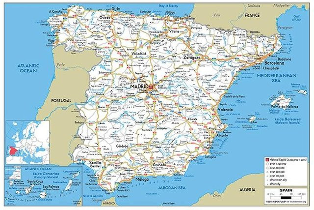 Straßenkarte von Spanien als Leinwandbild, mehrfarbiges Wandkunst Poster, Breite: 84 cm, Höhe: 59 cm - Bild 1