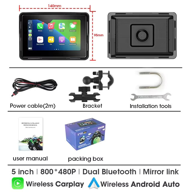 Srnubi 5-Zoll Motorrad-DVR-Navigation mit kabellosem CarPlay, Android Auto und Airplay, tragbares IPX7 Display in Schwarz - Bild 4