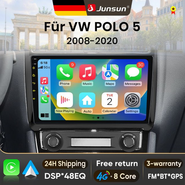 Junsun Android 15 Autoradio für VW Volkswagen POLO 5 (2008-2020) mit 9-Zoll IPS-Touchscreen, kabellosem Apple CarPlay und Multimedia-Videoplayer in Schwarz - Bild 1