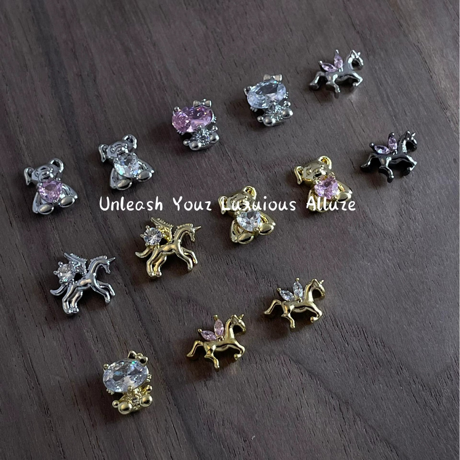Kaniu 3D Tier Nagel Charms, Bär Katze Einhorn, Gold Weiß Rosa Kristall Strass, 4 Stück - Bild 2