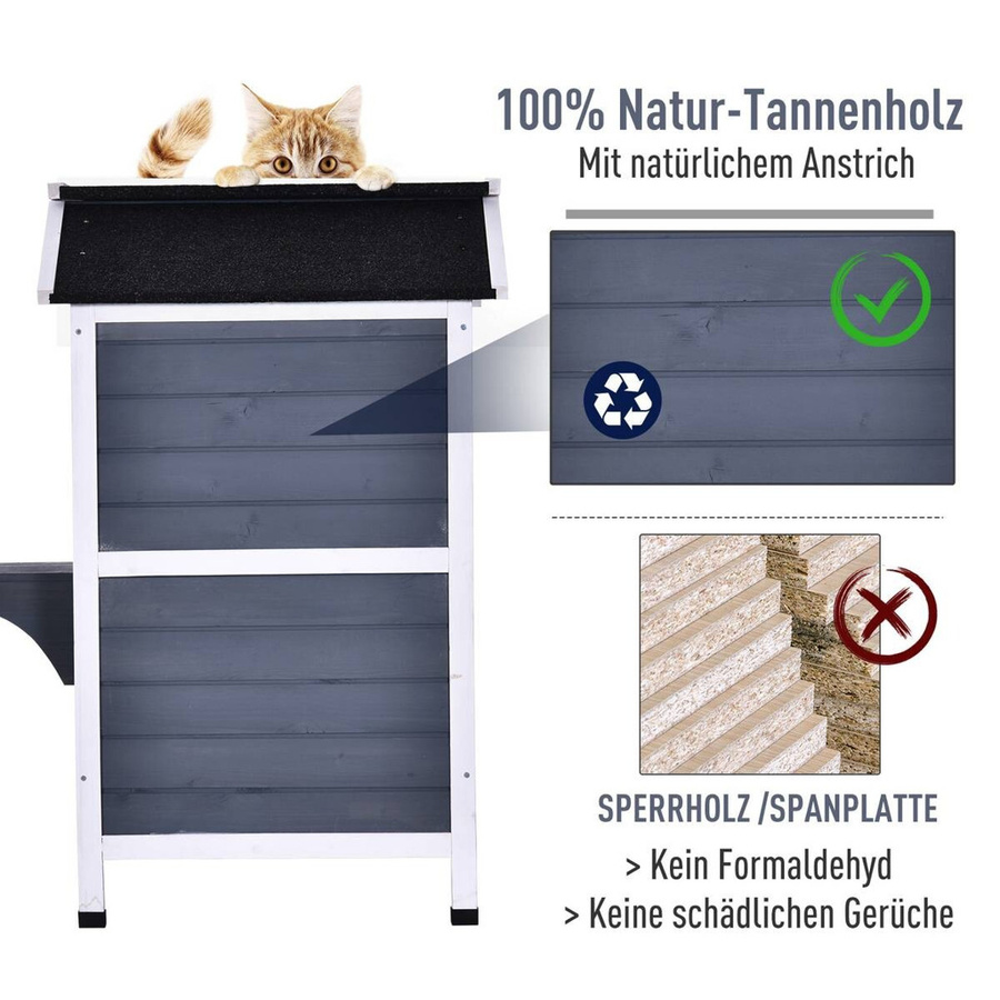 PawHut Katzenhaus aus grau lackiertem Tannenholz mit 2 Etagen und wetterfestem Dach, B/T/H: 78 x 55,5 x 91 cm - Bild 4