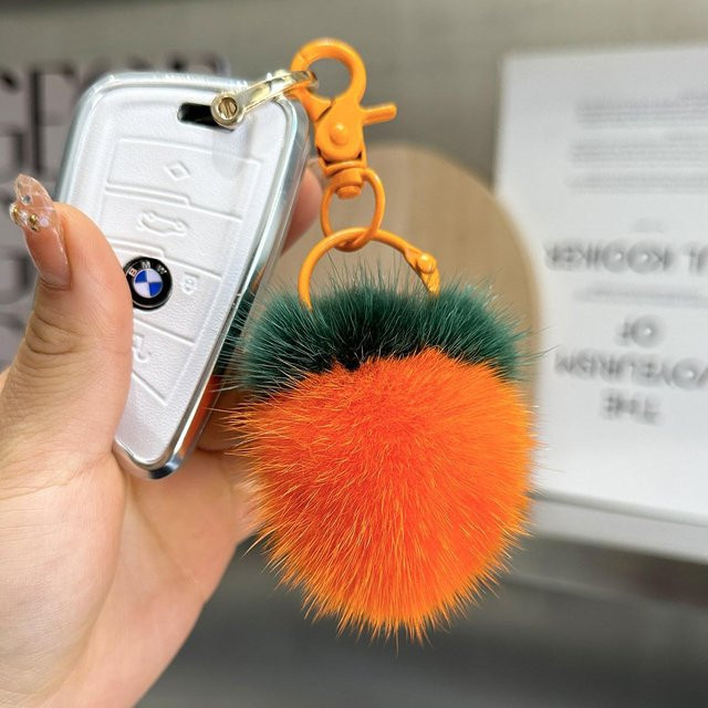 Linyi toy Schlüsselanhänger Echtpelz Nerz, Pompon Anhänger, orange, 8 cm, Damen - Bild 1