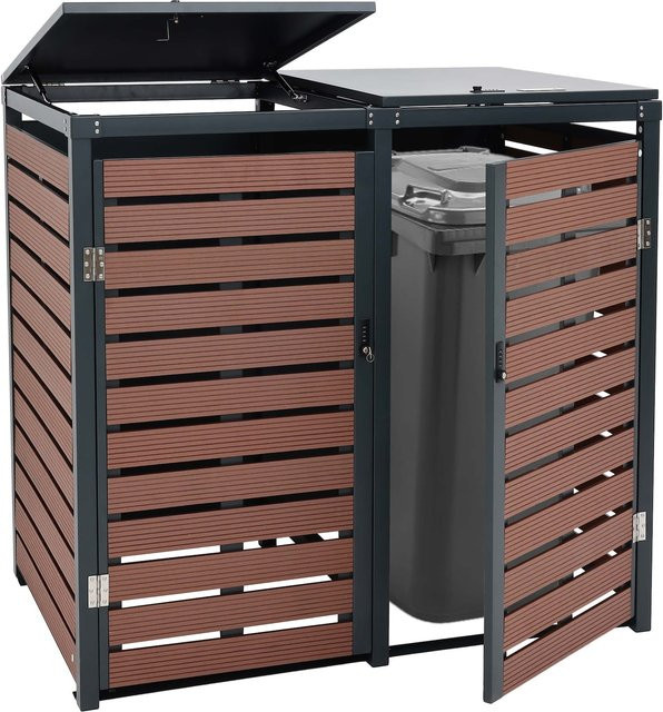 Mülltonnenverkleidung MCW-K14 für 2 Mülltonnen aus WPC und Metall in Walnuss-Holzoptik, B/T/H: 119 x 134 x 84 cm - Bild 1