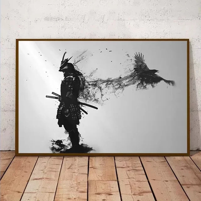 Potdemiel Leinwandgemälde Japanischer schwarzer Samurai mit Krähe, Schwarz-Weiß Wandkunst als Poster für dein Wohnzimmer - Bild 1