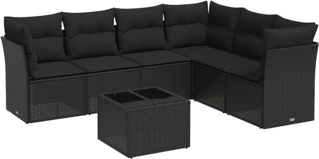 vidaXL 7-tlg. Garten-Sofagarnitur in U-Form aus Poly-Rattan mit Tisch und Kissen, Schwarz - Bild 1