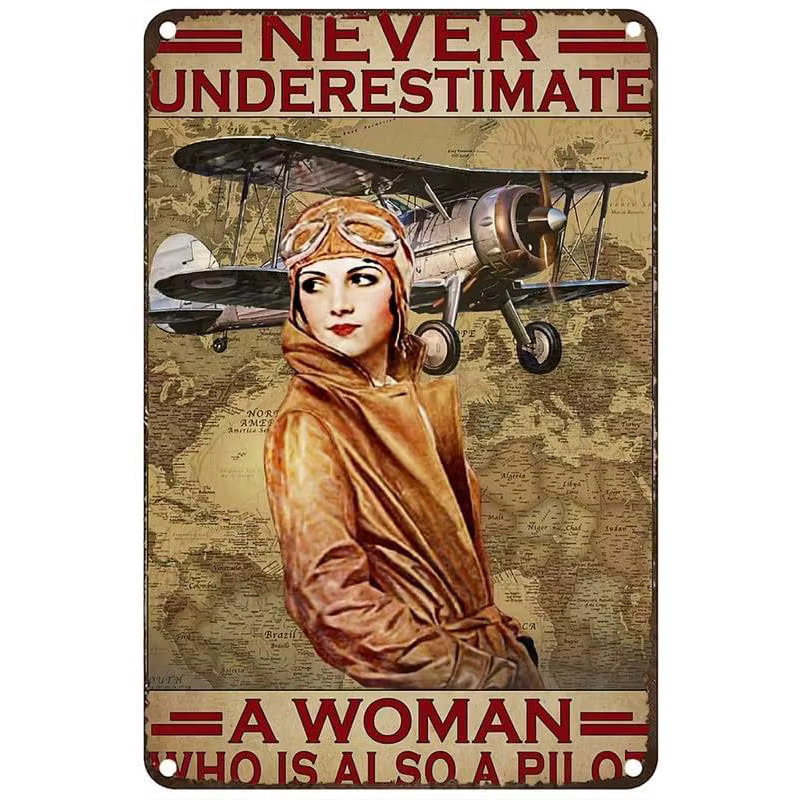 Estiyond Vintage Metall-Blechschild Female Pilot Never Underestimate A Woman Who Is Also A Pilot, Mehrfarbig, B/H: 20 x 14 cm - Bild 2