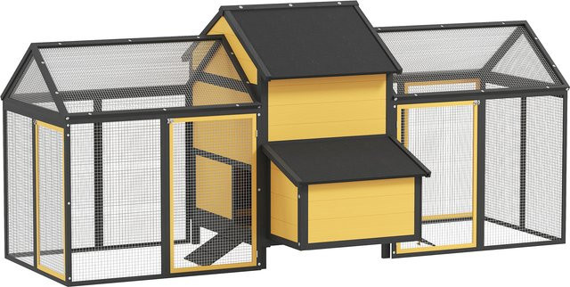 PawHut Hühnerstall aus Holz mit 2 Außengehegen, Nistkasten und Rampen, Gelb, B/T/H: 125 x 247 x 113,5 cm - Bild 1