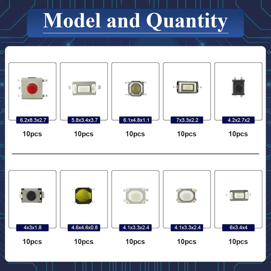 AOKIN Taktile Drucktastenschalter-Sets mit 10 Modellen in Multicolor für Auto-Fernbedienungen und Tablets, 100 Stück Mikro-Momenttasten - Bild 2