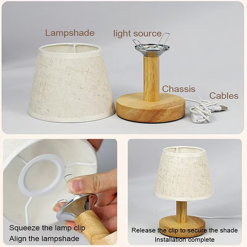Lyfs LED Tischlampe im Retro-Japanischen Stil mit Holz und Stoffschirm für Wohnzimmer und Schlafzimmer, Warmweiß - Bild 5