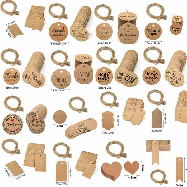100 Stück handgefertigte Geschenk-Hangtags aus Papier in Braun mit 20 m Schnur zur Dekoration - Bild 1