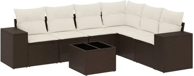 vidaXL 7-tlg. Garten-Sofagarnitur in L-Form aus Polyrattan mit Kissen, Braun - Bild 1