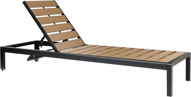 Beliani Gartenliege aus Holz in Heller Holzfarbe und Schwarz mit verstellbarer Kopfstütze und Rollen, B/T/H: 198 x 64 x 29 cm - Bild 1