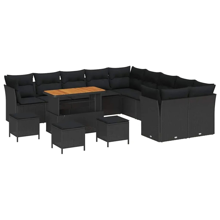 vidaXL Garten-Sofa-Set 14-teilig in Schwarz aus Poly-Rattan und Akazienholz mit Polsterung und Tisch in U-Form - Bild 2