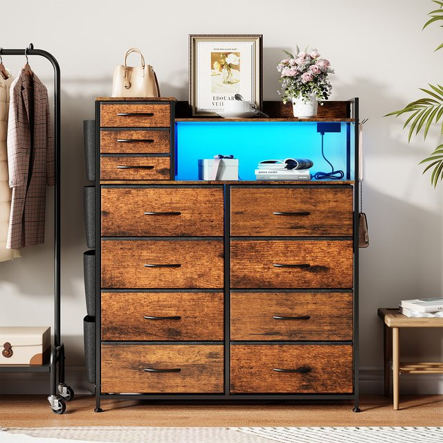 HiMISS Kommode mit 9 Stoffschubladen und offenen Regalen in Braun mit Metallrahmen und Ladestation für Wohnzimmer, Schlafzimmer oder Flur - Bild 1